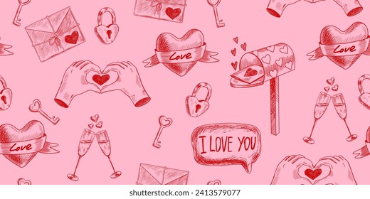 Valentines day seamless pattern with heart hands, mailbox, envelope, champagne glasses, heart-shaped key and lock. Message I love you. Sketch style heart with ribbon. Engraving style illustration