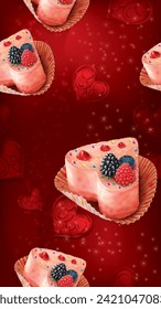 Valentines Day seamless pattern with heart shaped cake on a red black background. Vector mesh illustration