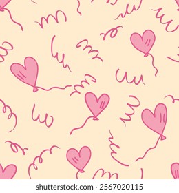 Valentine's Day seamless pattern with heart shaped flying balloons and serpentine. Festive celebration print for textile, fabric, card, sale. Hand drawn vector illustration.