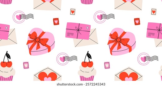 Valentine's Day seamless pattern with heart and other elements on a white background. Valentine's day, wedding and love concept. Vector background for wrapping paper, textile and others