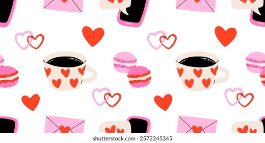 Valentine's Day seamless pattern with heart and other elements on a white background. Valentine's day, wedding and love concept. Vector background for wrapping paper, textile and others