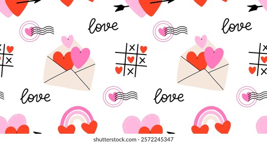 Valentine's Day seamless pattern with heart and other elements on a white background. Valentine's day, wedding and love concept. Vector background for wrapping paper, textile and others