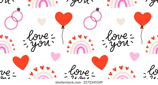 Valentine's Day seamless pattern with heart and other elements on a white background. Valentine's day, wedding and love concept. Vector background for wrapping paper, textile and others