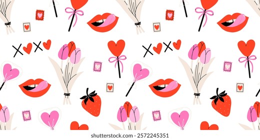Valentine's Day seamless pattern with heart and other elements on a white background. Valentine's day, wedding and love concept. Vector background for wrapping paper, textile and others