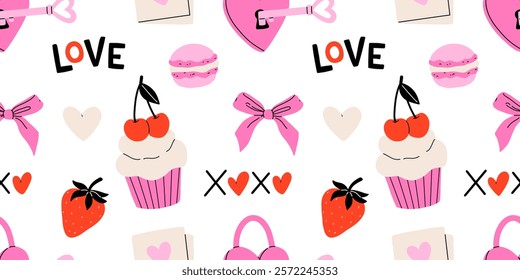 Valentine's Day seamless pattern with heart and other elements on a white background. Valentine's day, wedding and love concept. Vector background for wrapping paper, textile and others
