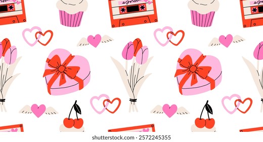 Valentine's Day seamless pattern with heart and other elements on a white background. Valentine's day, wedding and love concept. Vector background for wrapping paper, textile and others