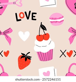 Valentine's Day seamless pattern with heart and other elements. Valentine's day, wedding and love concept. Vector background for wrapping paper, textile and others