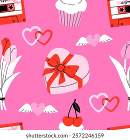 Valentine's Day seamless pattern with heart and other elements. Valentine's day, wedding and love concept. Vector background for wrapping paper, textile and others