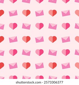 Valentine's Day seamless pattern with heart motifs, romantic February 14th design, pink and red love-themed background, cute heart and envelope pattern, romantic holiday decoration, 