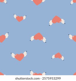 Valentine's day seamless pattern. Heart with wings. Flat vector background. Valentine's day design. Creative texture for fabric, wrapping, textile, wallpaper, apparel.