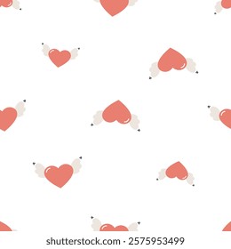 Valentine's day seamless pattern. Heart with wings. Flat vector background. Valentine's day design. Creative texture for fabric, wrapping, textile, wallpaper, apparel.