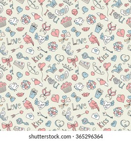 Valentine's day seamless pattern. Heart, wings, crown, butterfly,bow, key, bird, gift, love, heart, kiss, rose, letter, lips. A cartoon vector illustration.
