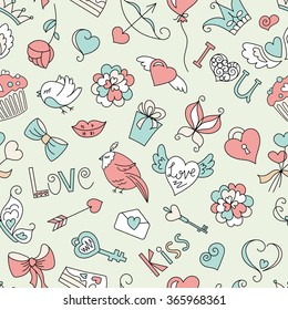 Valentine's day seamless pattern. Heart, wings, crown, butterfly,bow, key, bird, gift, love, heart, kiss, rose, letter, lips. A cartoon vector illustration.