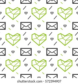 Día de San Valentín sin fisuras con corazón y letra. Estilo poligonal geométrico. Líneas verdes y negras. Eps10