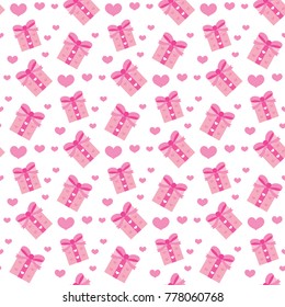 Valentines Day seamless pattern. Heart and gifts endless background. Romance, love repeating texture. Holiday wallpaper, paper, backdrop. Vector illustration