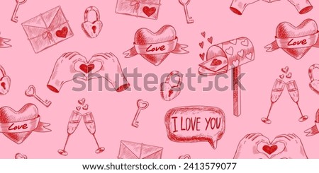 Valentines day seamless pattern with heart hands, mailbox, envelope, champagne glasses, heart-shaped key and lock. Message I love you. Sketch style heart with ribbon. Engraving style illustration