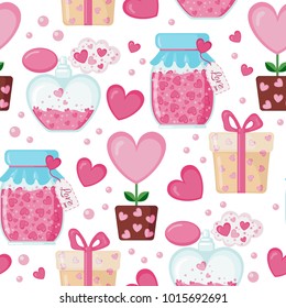 Valentines day seamless pattern with hearts, perfumes, jam jars, gift boxes and trees of love. Love concept. Design element for Wedding or Valentines day. Vector illustration