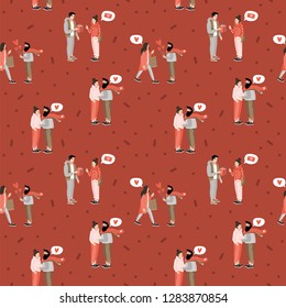 Valentines day seamless pattern with hearts and people. Perfect for valentines day, gift box, stickers, birthday, save the date invitation, design, diary, planner, wrapping paper.