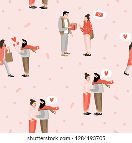 Valentines day seamless pattern with hearts and people. Perfect for valentines day, gift box, stickers, birthday, save the date invitation, design, diary, planner, wrapping paper.