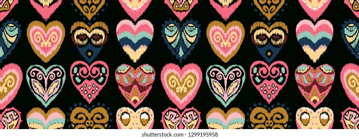 Valentine's day. Seamless pattern with hearts. Ikat geometric folklore ornament. Oriental vector damask print. Ancient art of Arabesque. Tribal ethnic texture. Spanish motif on the carpet.  