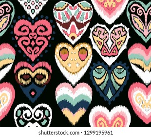 Valentine's day. Seamless pattern with hearts. Ikat geometric folklore ornament. Oriental vector damask print. Ancient art of Arabesque. Tribal ethnic texture. Spanish motif on the carpet.  