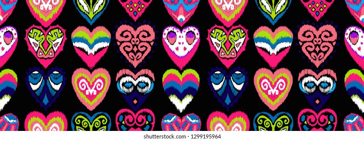 Valentine's day. Seamless pattern with hearts. Ikat geometric folklore ornament. Oriental vector damask print. Ancient art of Arabesque. Tribal ethnic texture. Spanish motif on the carpet.  