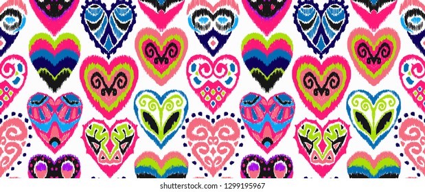 Valentine's day. Seamless pattern with hearts. Ikat geometric folklore ornament. Oriental vector damask print. Ancient art of Arabesque. Tribal ethnic texture. Spanish motif on the carpet.  