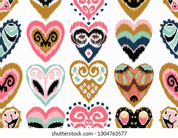 Valentine's day. Seamless pattern with hearts. Ikat geometric folklore ornament. Oriental vector damask print. Ancient art of Arabesque. Tribal ethnic texture. Spanish motif on the carpet.  
