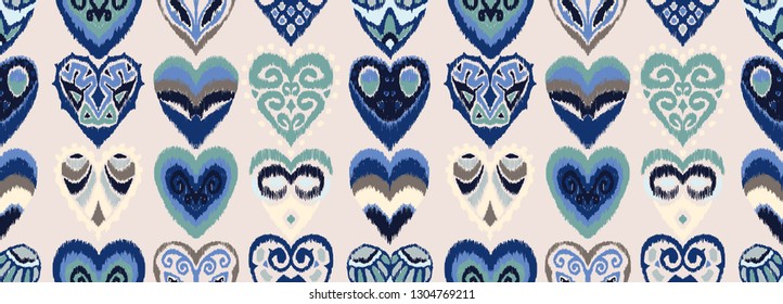 Valentine's day. Seamless pattern with hearts. Ikat geometric folklore ornament. Oriental vector damask print. Ancient art of Arabesque. Tribal ethnic texture. Spanish motif on the carpet.  