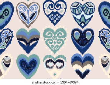 Valentine's day. Seamless pattern with hearts. Ikat geometric folklore ornament. Oriental vector damask print. Ancient art of Arabesque. Tribal ethnic texture. Spanish motif on the carpet.  