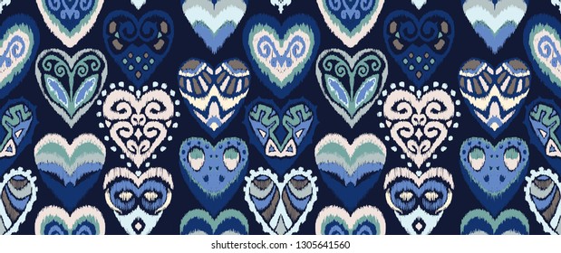 Valentine's day. Seamless pattern with hearts. Ikat geometric folklore ornament. Oriental vector damask print. Ancient art of Arabesque. Tribal ethnic texture. Spanish motif on the carpet.  