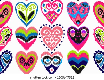 Valentine's day. Seamless pattern with hearts. Ikat geometric folklore ornament. Oriental vector damask print. Ancient art of Arabesque. Tribal ethnic texture. Spanish motif on the carpet.  