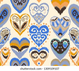 Valentine's day. Seamless pattern with hearts. Ikat geometric folklore ornament. Oriental vector damask print. Ancient art of Arabesque. Tribal ethnic texture. Spanish motif on the carpet.  
