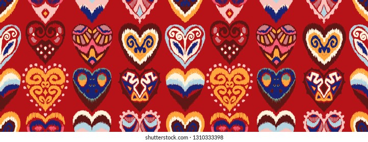 Valentine's day. Seamless pattern with hearts. Ikat geometric folklore ornament. Oriental vector damask print. Ancient art of Arabesque. Tribal ethnic texture. Spanish motif on the carpet.  