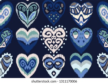 Valentine's day. Seamless pattern with hearts. Ikat geometric folklore ornament. Oriental vector damask print. Ancient art of Arabesque. Tribal ethnic texture. Spanish motif on the carpet.  