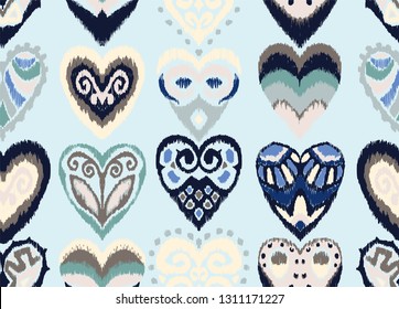Valentine's day. Seamless pattern with hearts. Ikat geometric folklore ornament. Oriental vector damask print. Ancient art of Arabesque. Tribal ethnic texture. Spanish motif on the carpet.  