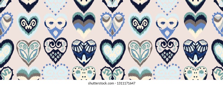 Valentine's day. Seamless pattern with hearts. Ikat geometric folklore ornament. Oriental vector damask print. Ancient art of Arabesque. Tribal ethnic texture. Spanish motif on the carpet.  