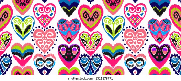 San Valentín. Patrón sin fisuras con corazones. Ornamento geométrico del folclore de Ikat. Impresión de damasco de Vector oriental. Arte antiguo de Arabesque. Textura étnica tribal. Motivo español en la alfombra.  
