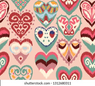 Valentine's day. Seamless pattern with hearts. Ikat geometric folklore ornament. Oriental vector damask print. Ancient art of Arabesque. Tribal ethnic texture. Spanish motif on the carpet.  