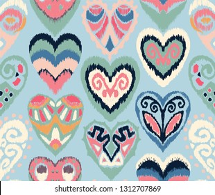 Valentine's day. Seamless pattern with hearts. Ikat geometric folklore ornament. Oriental vector damask print. Ancient art of Arabesque. Tribal ethnic texture. Spanish motif on the carpet.  