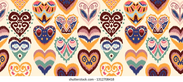 Valentine's day. Seamless pattern with hearts. Ikat geometric folklore ornament. Oriental vector damask print. Ancient art of Arabesque. Tribal ethnic texture. Spanish motif on the carpet.  