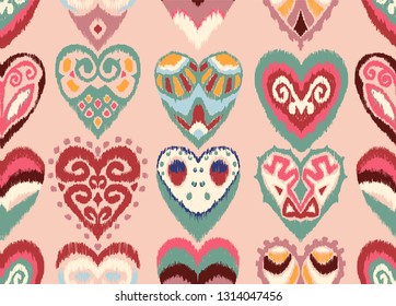 Valentine's day. Seamless pattern with hearts. Ikat geometric folklore ornament. Oriental vector damask print. Ancient art of Arabesque. Tribal ethnic texture. Spanish motif on the carpet.  