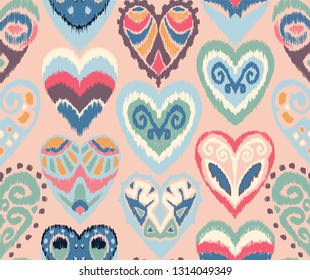 Valentine's day. Seamless pattern with hearts. Ikat geometric folklore ornament. Oriental vector damask print. Ancient art of Arabesque. Tribal ethnic texture. Spanish motif on the carpet.  