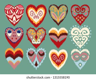 Valentine's day. Seamless pattern with hearts. Ikat geometric folklore ornament. Oriental vector damask print. Ancient art of Arabesque. Tribal ethnic texture. Spanish motif on the carpet.  