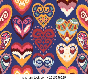 Valentine's day. Seamless pattern with hearts. Ikat geometric folklore ornament. Oriental vector damask print. Ancient art of Arabesque. Tribal ethnic texture. Spanish motif on the carpet.  