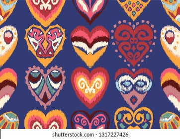 Valentine's day. Seamless pattern with hearts. Ikat geometric folklore ornament. Oriental vector damask print. Ancient art of Arabesque. Tribal ethnic texture. Spanish motif on the carpet.  