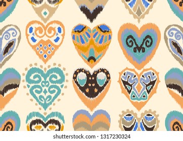 Valentine's day. Seamless pattern with hearts. Ikat geometric folklore ornament. Oriental vector damask print. Ancient art of Arabesque. Tribal ethnic texture. Spanish motif on the carpet.  