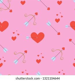Valentines day seamless pattern with hearts, bow and arrows on pink background. Vector art in flat style