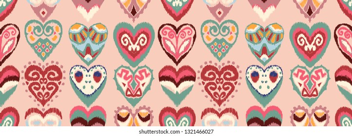 Valentine's day. Seamless pattern with hearts. Ikat geometric folklore ornament. Oriental vector damask print. Ancient art of Arabesque. Tribal ethnic texture. Spanish motif on the carpet.  