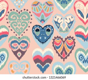 Valentine's day. Seamless pattern with hearts. Ikat geometric folklore ornament. Oriental vector damask print. Ancient art of Arabesque. Tribal ethnic texture. Spanish motif on the carpet.  